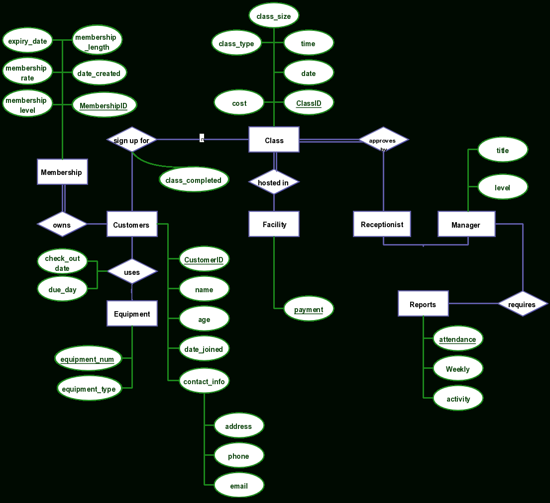 New Gym Management Program With Attributes Described On Er Diagram for Er Diagram Examples With Case Study