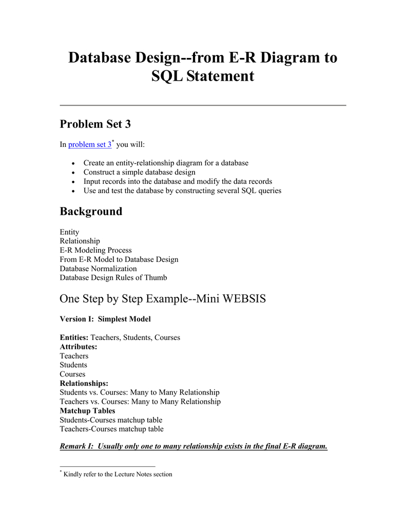 Database Design--From E-R Diagram To Sql Statement Problem Set 3 throughout Er Diagram Lecture Notes