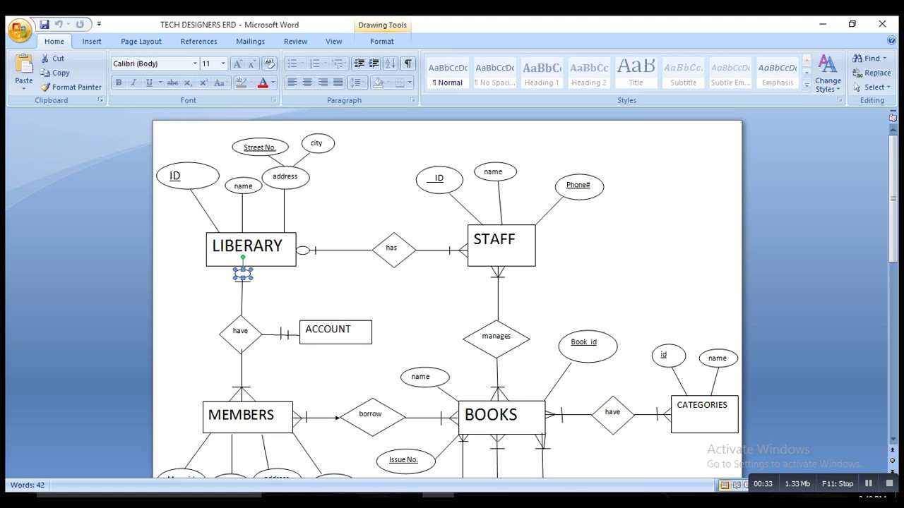 Erd Of Library Management System. for How To Make Erd Diagram In Word