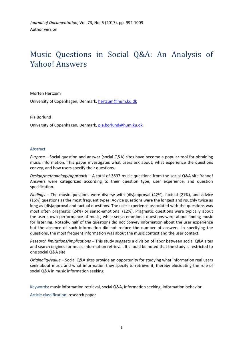 Pdf) Music Questions In Social Q&amp;amp;a: An Analysis Of Yahoo pertaining to Er Diagram Yahoo Answers