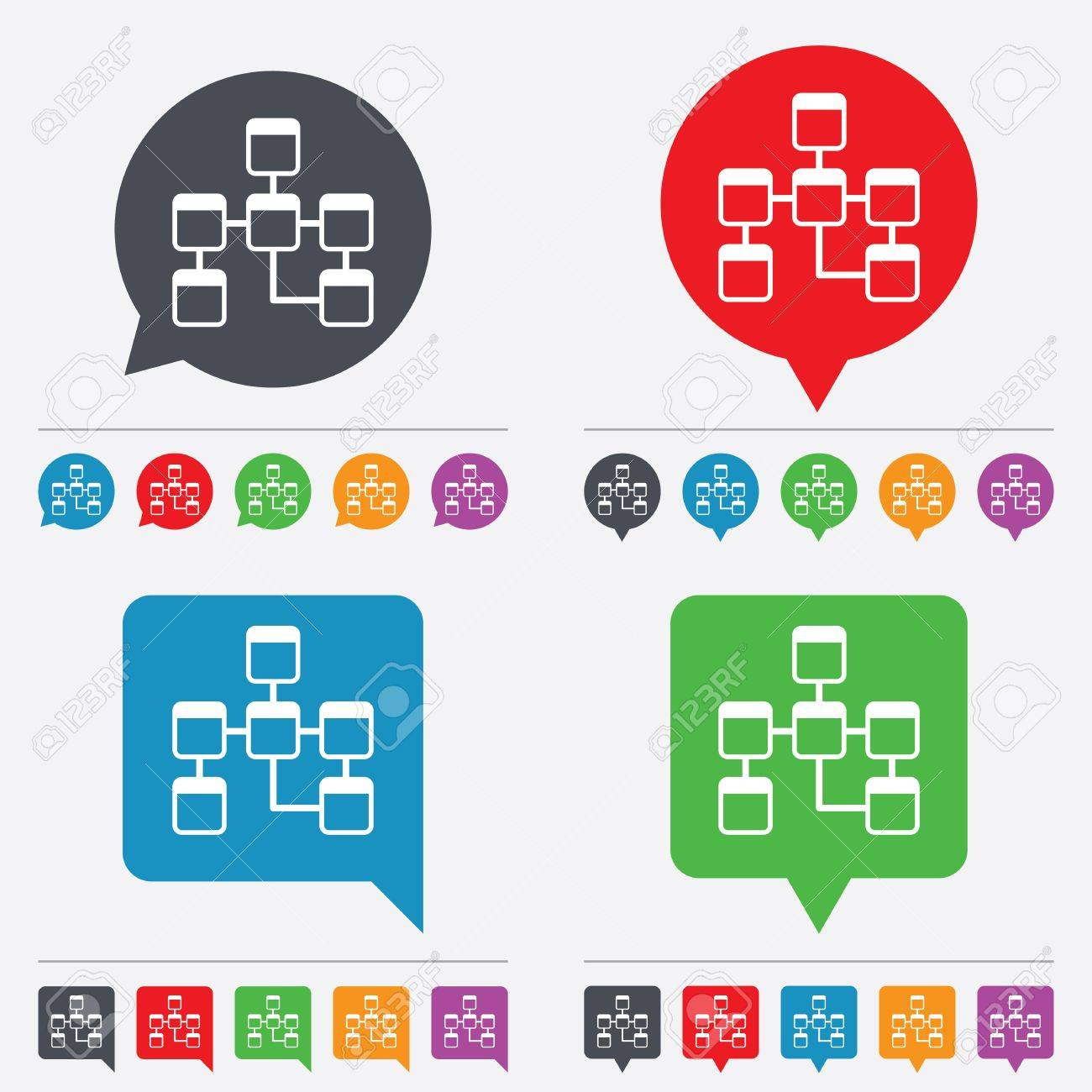 Database Sign Icon. Relational Database Schema Symbol. Speech Bubbles  Information Icons. 24 Colored Buttons. Vector intended for Database Schema Symbols