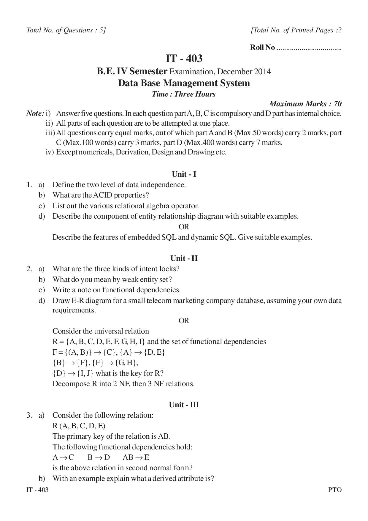 Question Type Paper Pattern For The Exam - Docsity inside Er Diagram Exam Questions